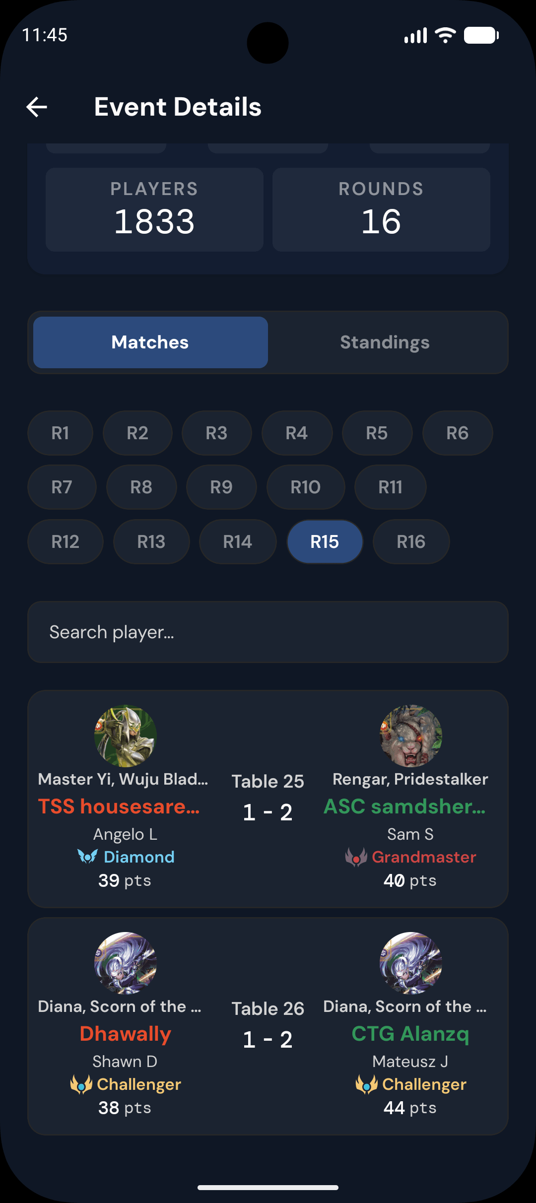 Match history in the Watcher Companion app